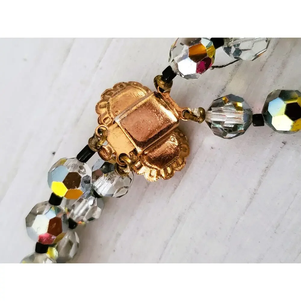 Vintage Smokey Glass AB Faceted Double Bead Strand Necklace with Box Clasp
